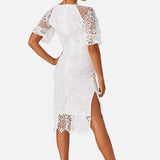 Little Mistress White Ellen Optic White Crochet Lace Midi Pencil Dress