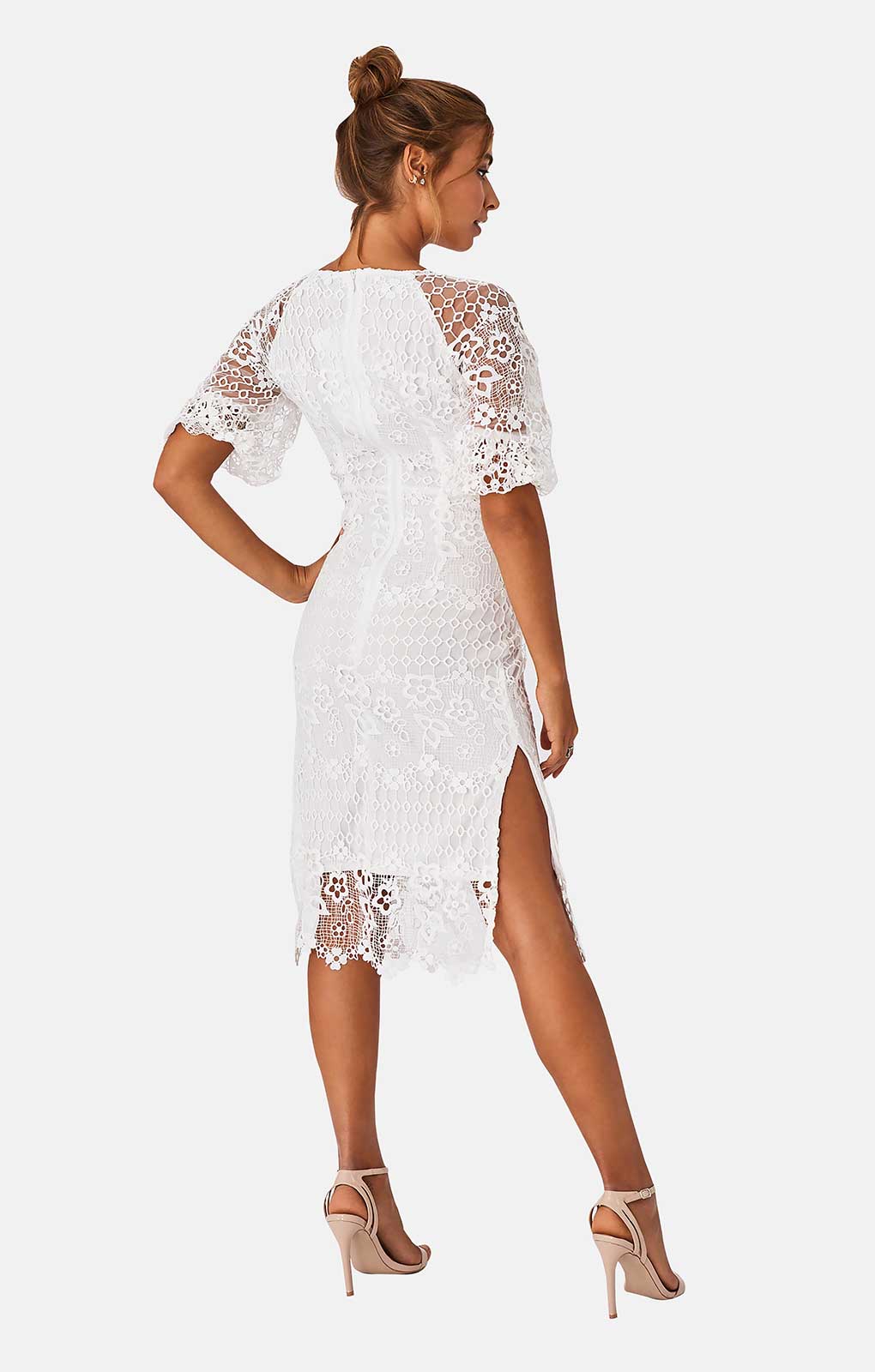 Little Mistress White Ellen Optic White Crochet Lace Midi Pencil Dress