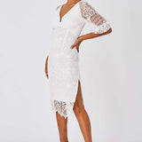 Little Mistress White Ellen Optic White Crochet Lace Midi Pencil Dress