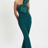 Lavish Alice Satin Mix Bandeau Bow Detail Jumpsuit in Emerald