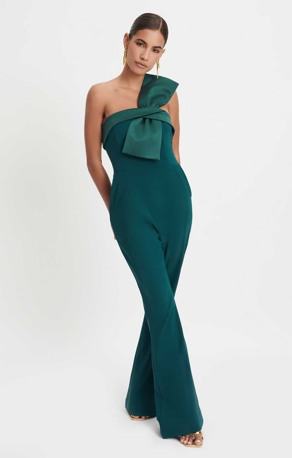 Lavish Alice Satin Mix Bandeau Bow Detail Jumpsuit in Emerald