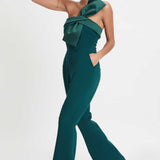 Lavish Alice Satin Mix Bandeau Bow Detail Jumpsuit in Emerald