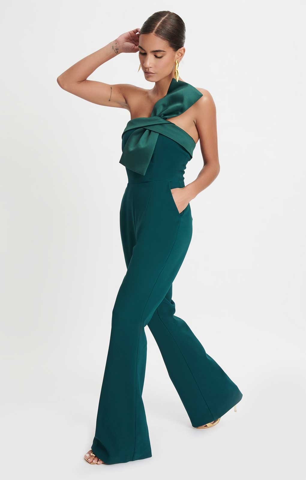 Lavish Alice Satin Mix Bandeau Bow Detail Jumpsuit in Emerald