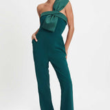 Lavish Alice Satin Mix Bandeau Bow Detail Jumpsuit in Emerald