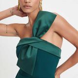 Lavish Alice Satin Mix Bandeau Bow Detail Jumpsuit in Emerald