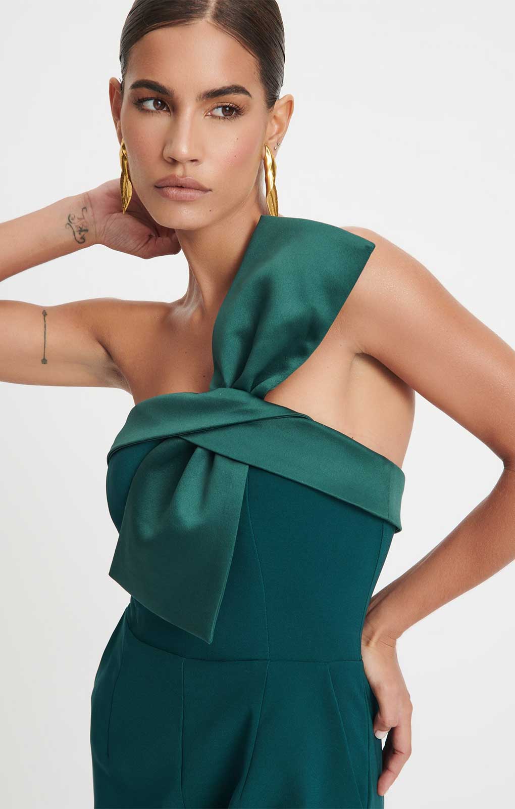 Lavish Alice Satin Mix Bandeau Bow Detail Jumpsuit in Emerald