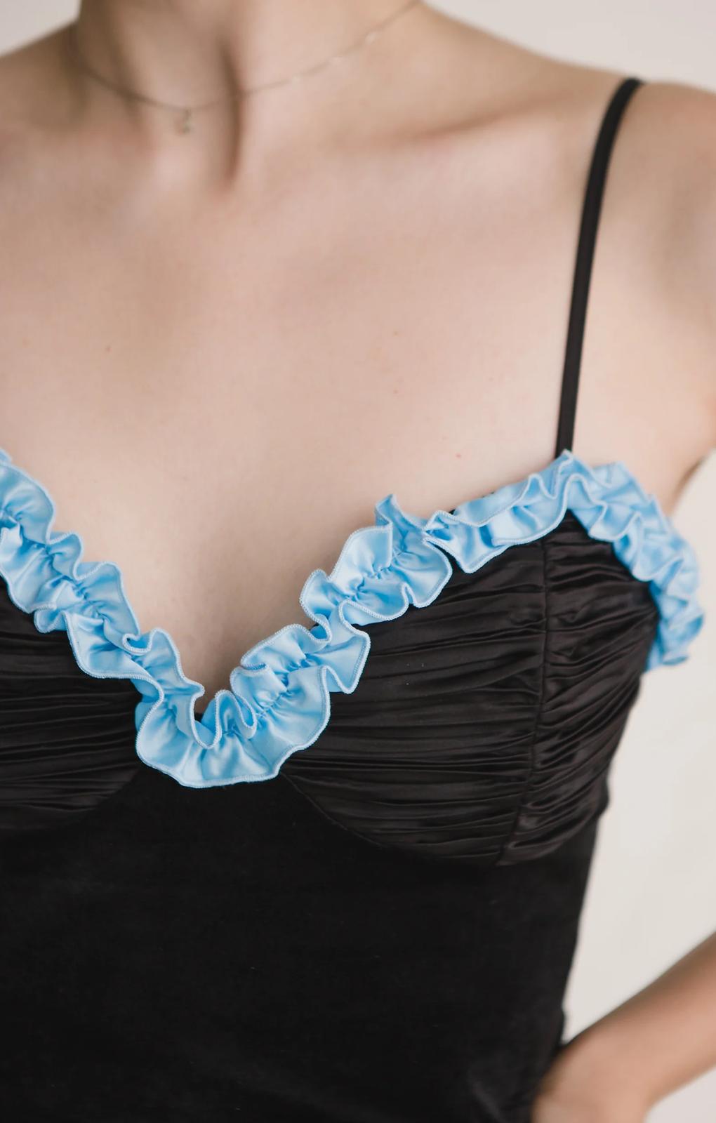 Labelrail X Julia Cumming Ruffle Detail Corset In Black And Blue – tops by Labelrail, available to rent from Hirestreet