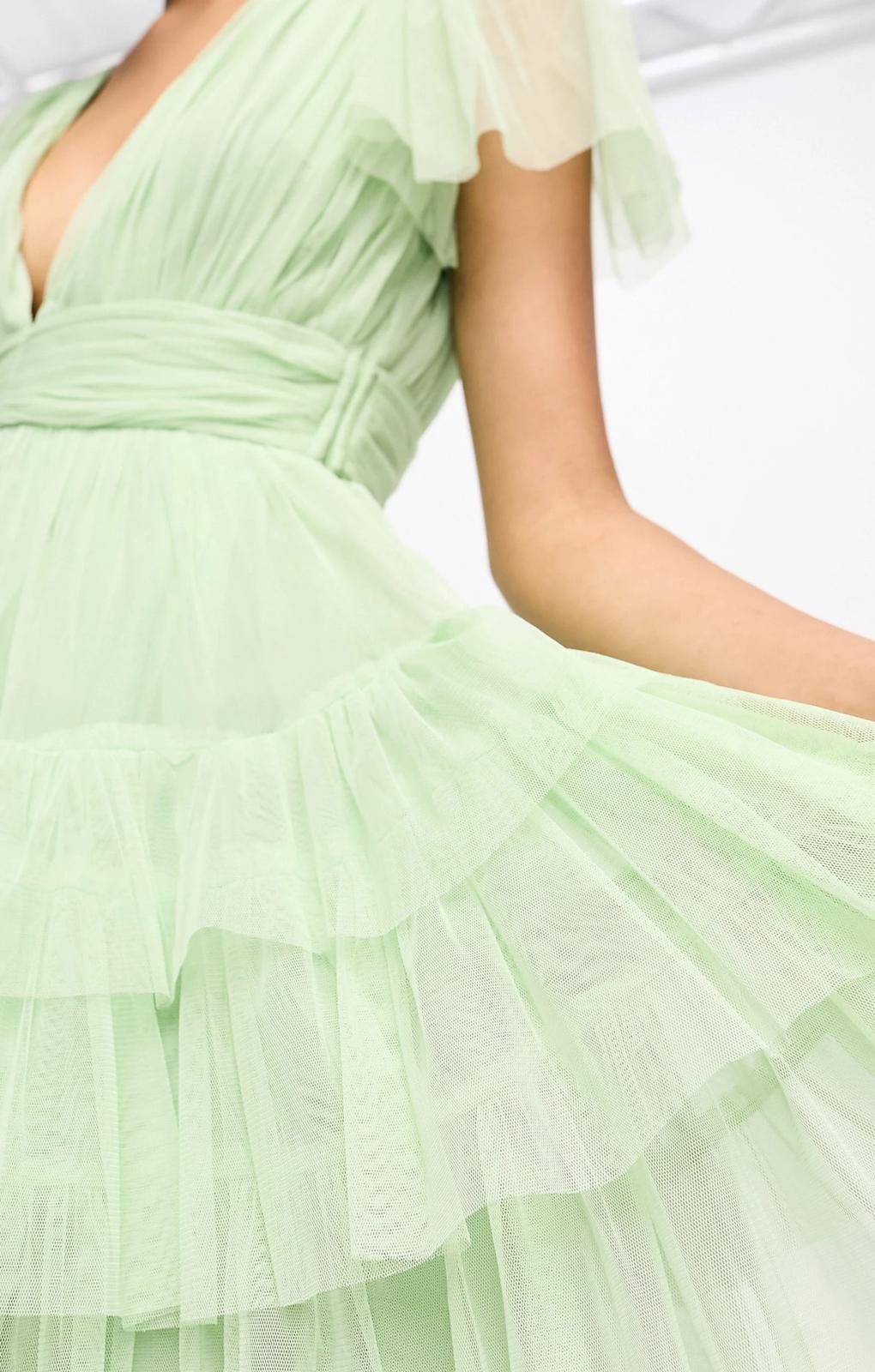 Lace & Beads Bridesmaid Madison V Neck Tulle Mini Dress In Sage – dresses by Lace & Beads, available to rent from Hirestreet