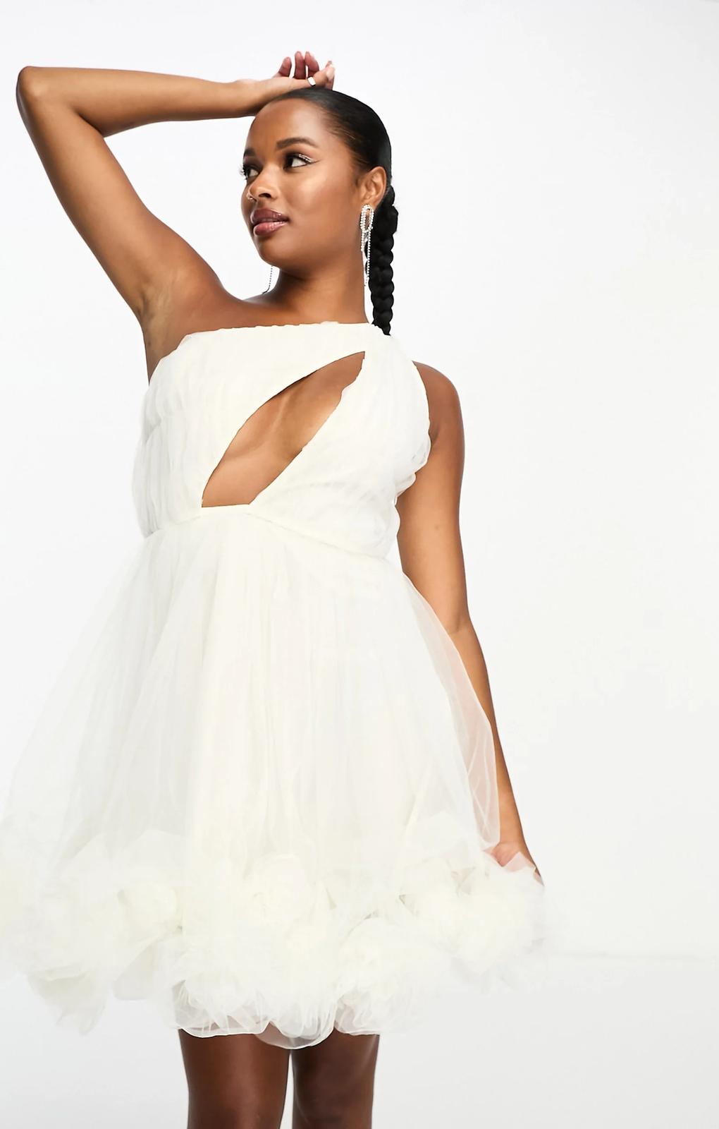 Lace & Beads Petite Exclusive One Shoulder Ruffle Hem Tulle Mini Dress In Ivory – dresses by Lace & Beads Petite, available to rent from Hirestreet