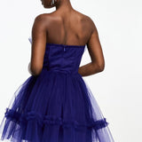 Lace And Beads Tulle Bandeau Mini Dress With Sheer Waist Detail In Blue – dresses by Lace & Beads, available to rent from Hirestreet