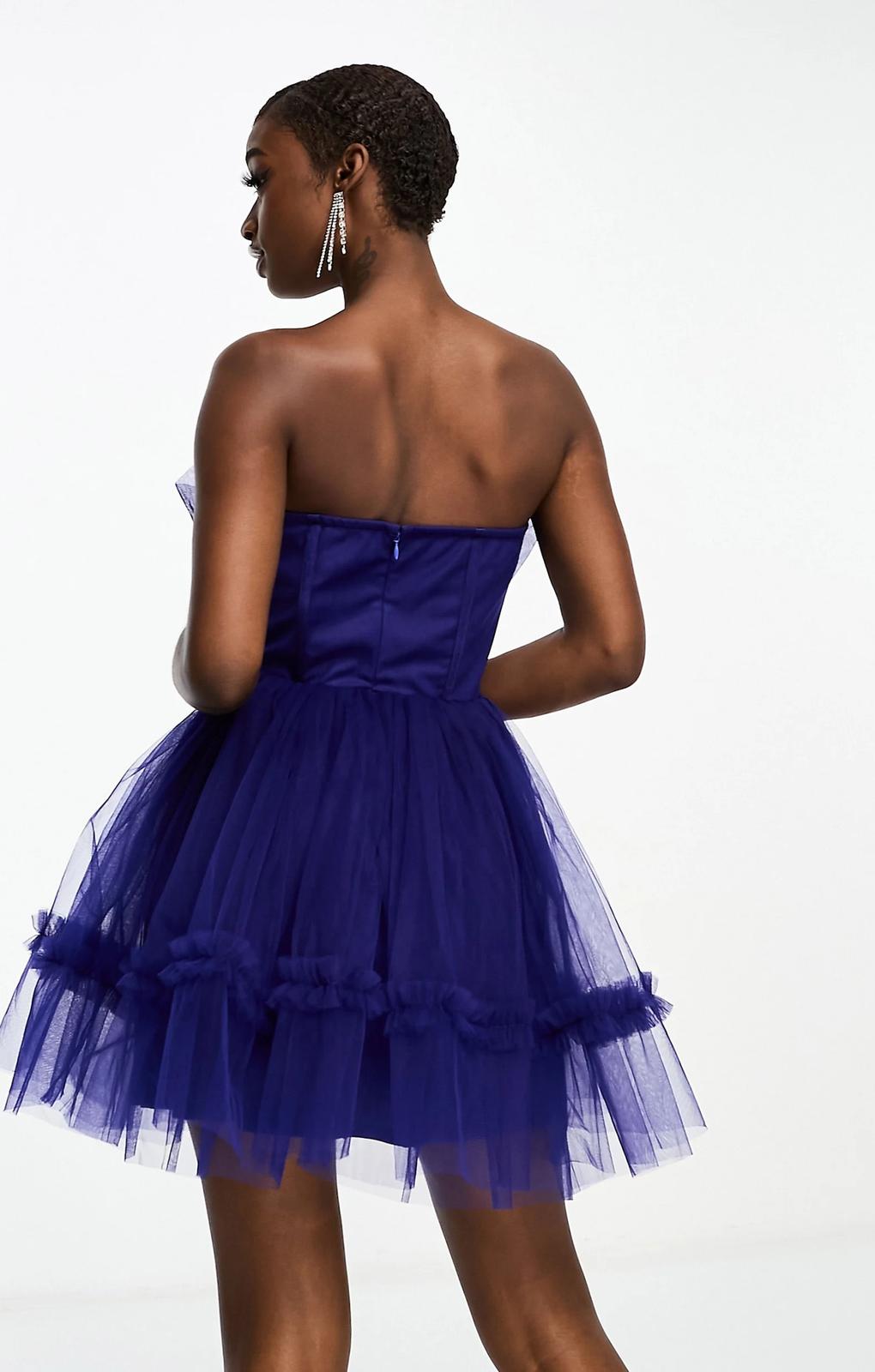 Lace And Beads Tulle Bandeau Mini Dress With Sheer Waist Detail In Blue – dresses by Lace & Beads, available to rent from Hirestreet