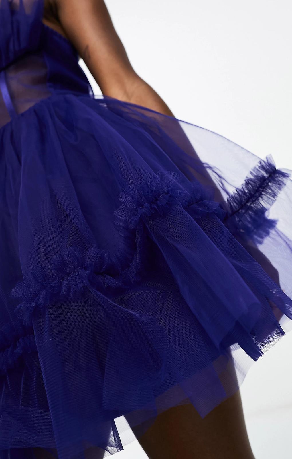 Lace And Beads Tulle Bandeau Mini Dress With Sheer Waist Detail In Blue – dresses by Lace & Beads, available to rent from Hirestreet