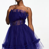 Lace And Beads Tulle Bandeau Mini Dress With Sheer Waist Detail In Blue – dresses by Lace & Beads, available to rent from Hirestreet