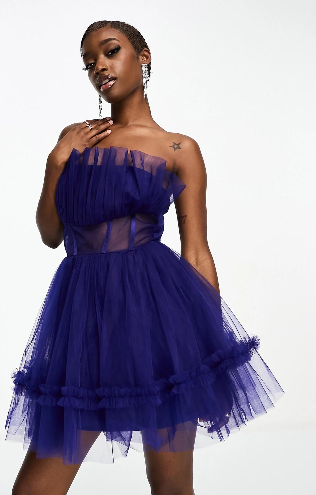Lace And Beads Tulle Bandeau Mini Dress With Sheer Waist Detail In Blue – dresses by Lace & Beads, available to rent from Hirestreet
