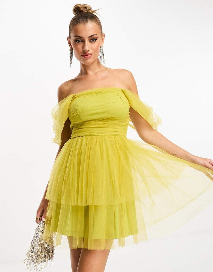 Lace & Beads Off Shoulder Tulle Mini Dress In Olive – dresses by Lace & Beads, available to rent from Hirestreet