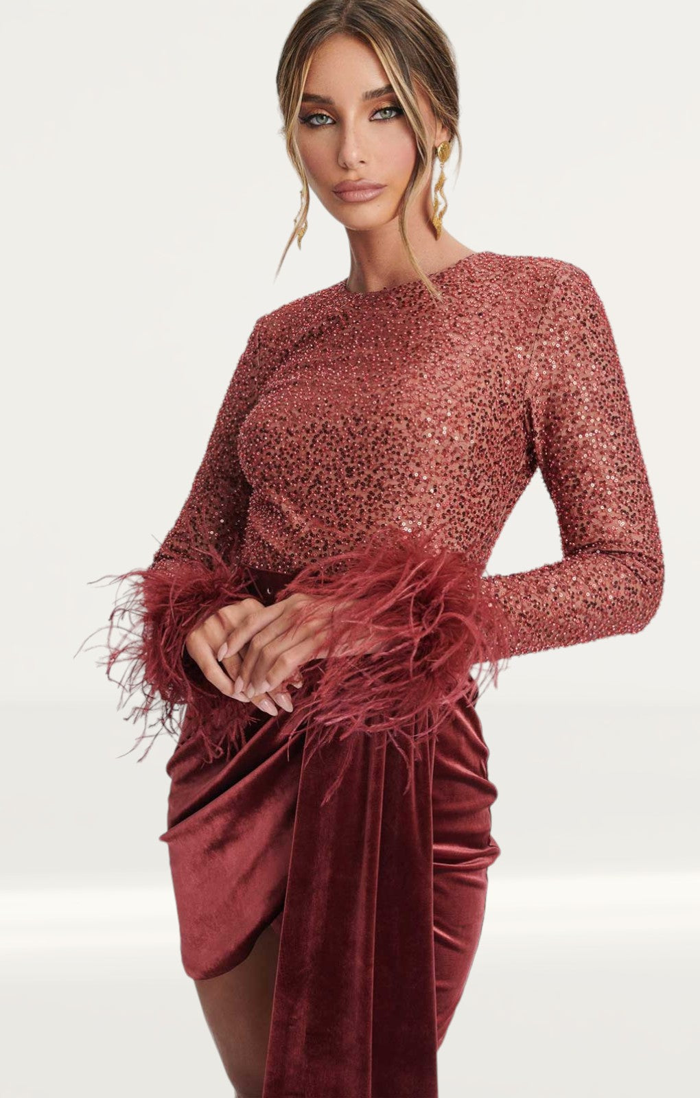 Lavish Alice Beaded and Sequin Velvet Mix Mini Dress in Burgundy