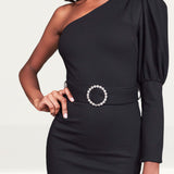 Lavish Alice Black Puff Sleeve Midi Dress With Diamante Belt