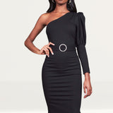 Lavish Alice Black Puff Sleeve Midi Dress With Diamante Belt