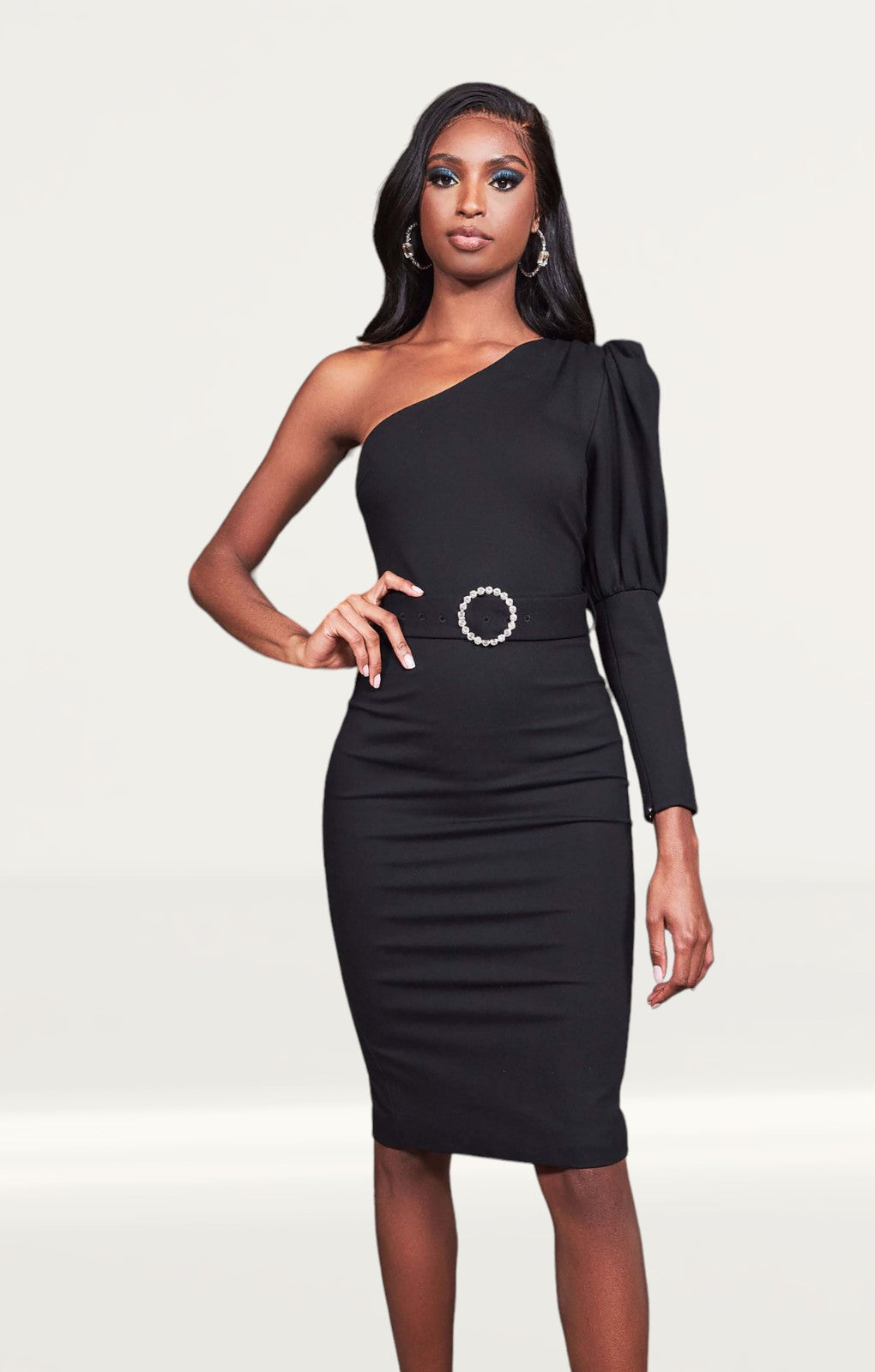 Lavish Alice Black Puff Sleeve Midi Dress With Diamante Belt