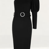 Lavish Alice Black Puff Sleeve Midi Dress With Diamante Belt