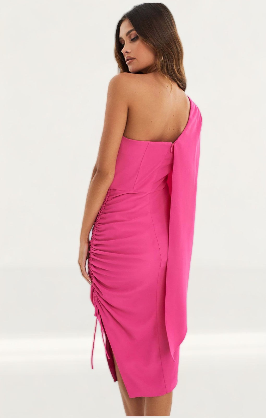 Lavish Alice Bright Pink Ruched Side Cape Midi Dress