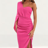 Lavish Alice Bright Pink Ruched Side Cape Midi Dress