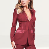 Lavish Alice Burgundy Corset Style Tailored Jacket And Flare Trousers