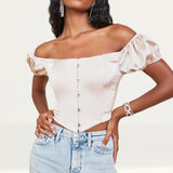 Lavish Alice Champagne Bardot Puff Sleeve Corset Top
