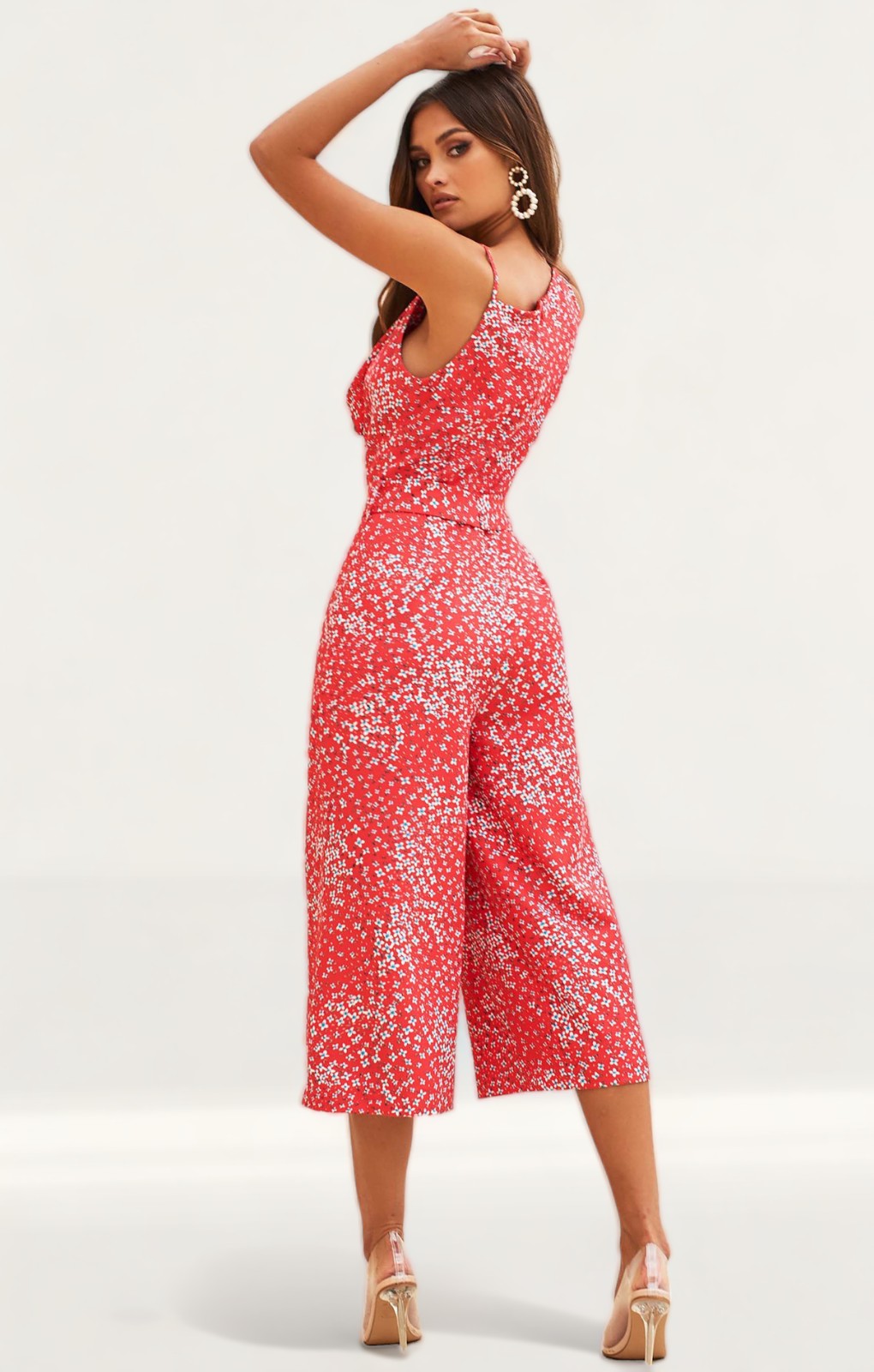 Lavish Alice Coral Floral Cowl Neck Culotte Jumpsuit