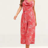 Lavish Alice Coral Floral Cowl Neck Culotte Jumpsuit