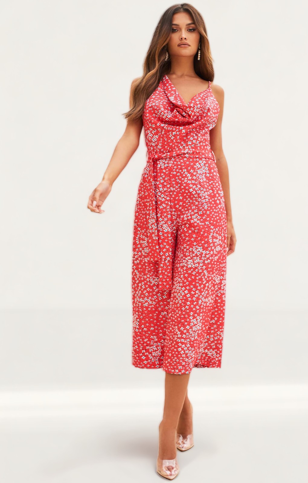 Lavish Alice Coral Floral Cowl Neck Culotte Jumpsuit
