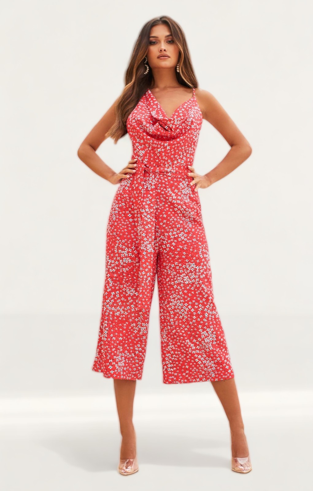 Lavish Alice Coral Floral Cowl Neck Culotte Jumpsuit