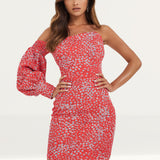 Lavish Alice Coral Floral One Balloon Sleeve Mini Dress