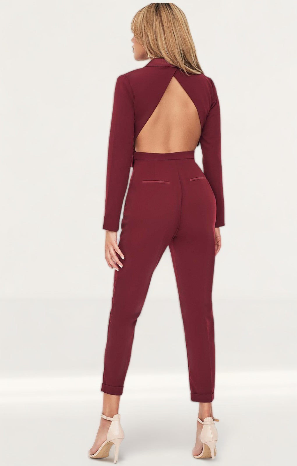 Lavish Alice Cutout Back Satin Tailored Burgundy Jumpsuit