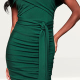 Lavish Alice Forest Green Bardot Ruched Side Midi Dress