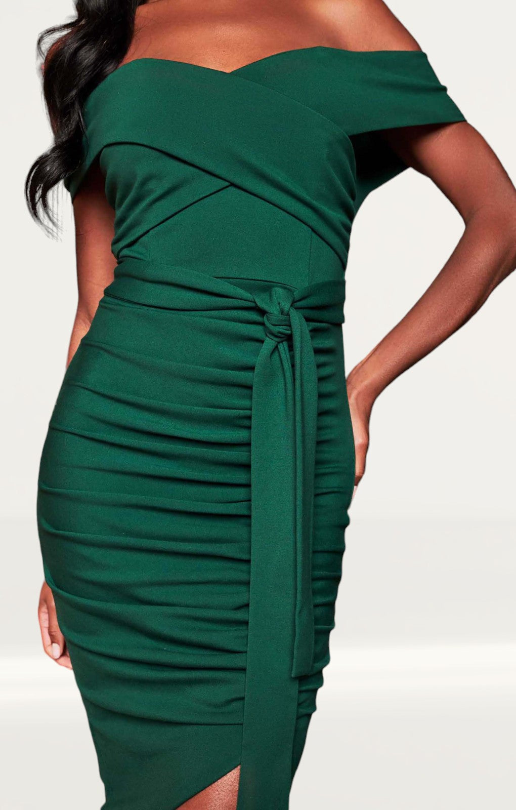 Lavish Alice Forest Green Bardot Ruched Side Midi Dress
