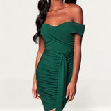 Lavish Alice Forest Green Bardot Ruched Side Midi Dress