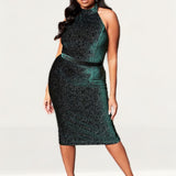 Lavish Alice Forest Green Diamante Velvet Tie Back Midi Dress