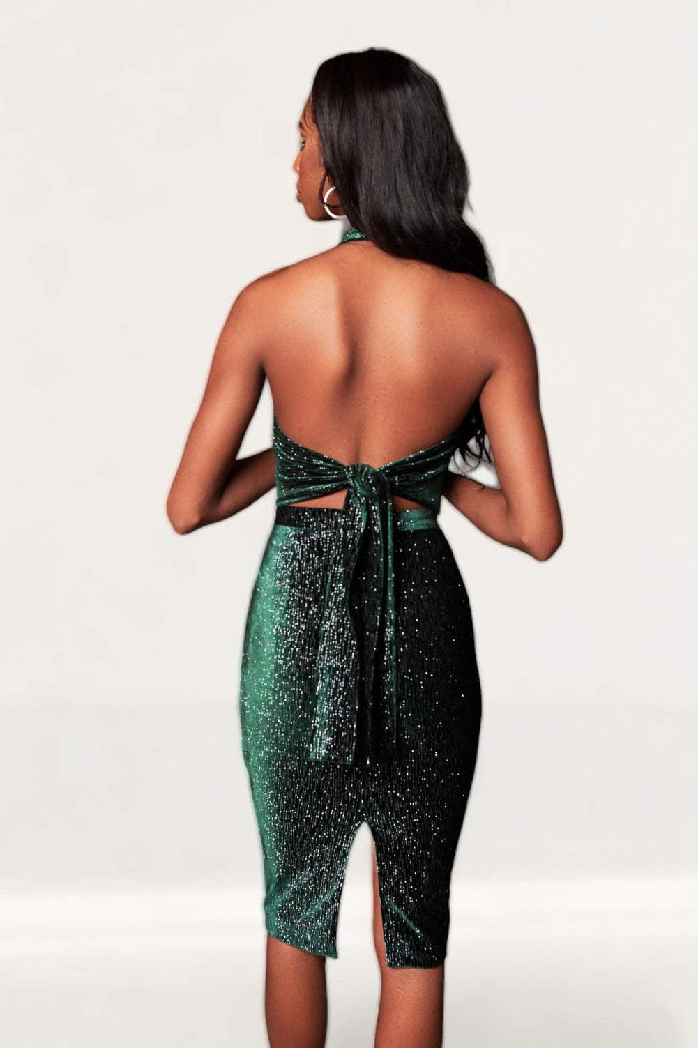 Lavish Alice Forest Green Diamante Velvet Tie Back Midi Dress