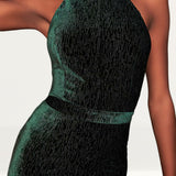 Lavish Alice Forest Green Diamante Velvet Tie Back Midi Dress
