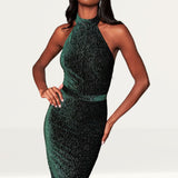 Lavish Alice Forest Green Diamante Velvet Tie Back Midi Dress