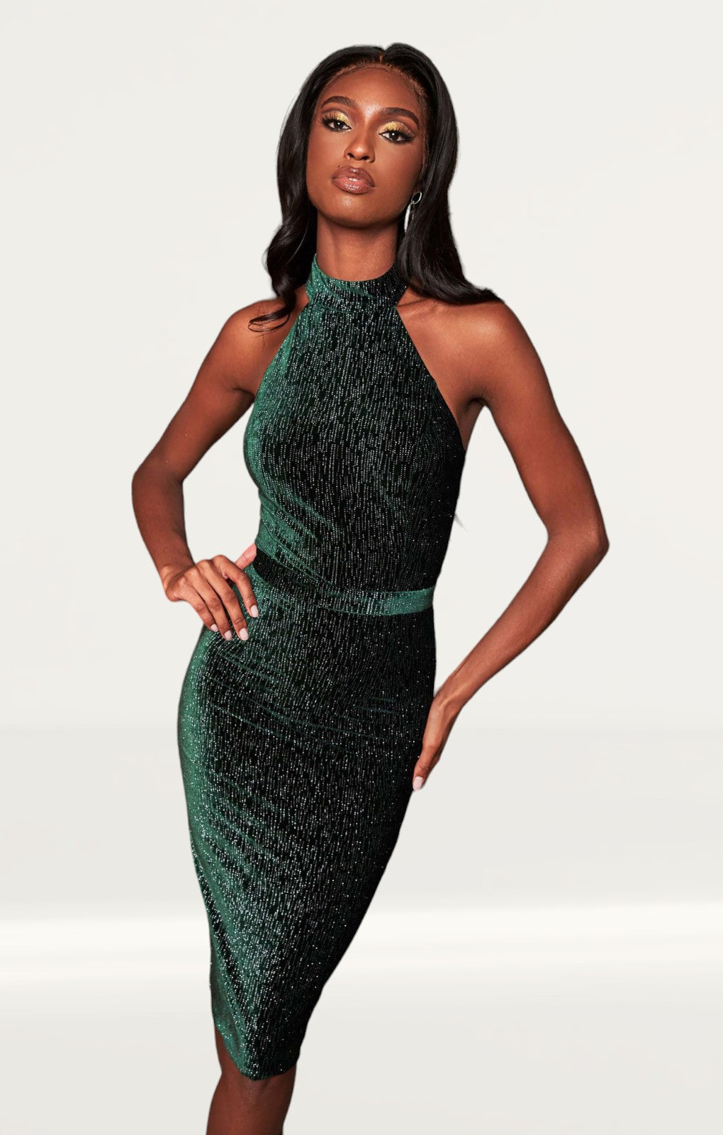 Lavish Alice Forest Green Diamante Velvet Tie Back Midi Dress