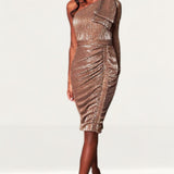 Lavish Alice Gold One Sleeve Bow Shoulder Sequin Midi Dress