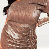 Lavish Alice Gold One Sleeve Bow Shoulder Sequin Midi Dress