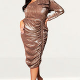 Lavish Alice Gold One Sleeve Bow Shoulder Sequin Midi Dress