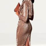 Lavish Alice Gold One Sleeve Bow Shoulder Sequin Midi Dress