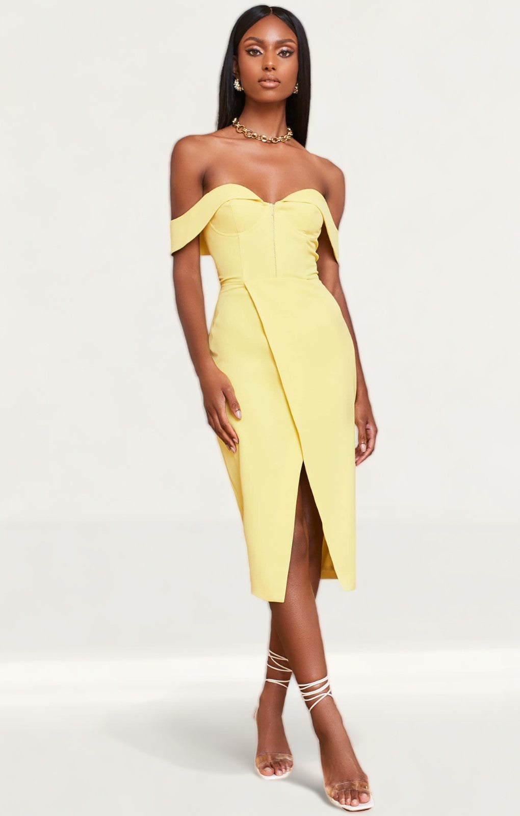 Lavish Alice Lemon Bustier Corset Wrap Midi Dress