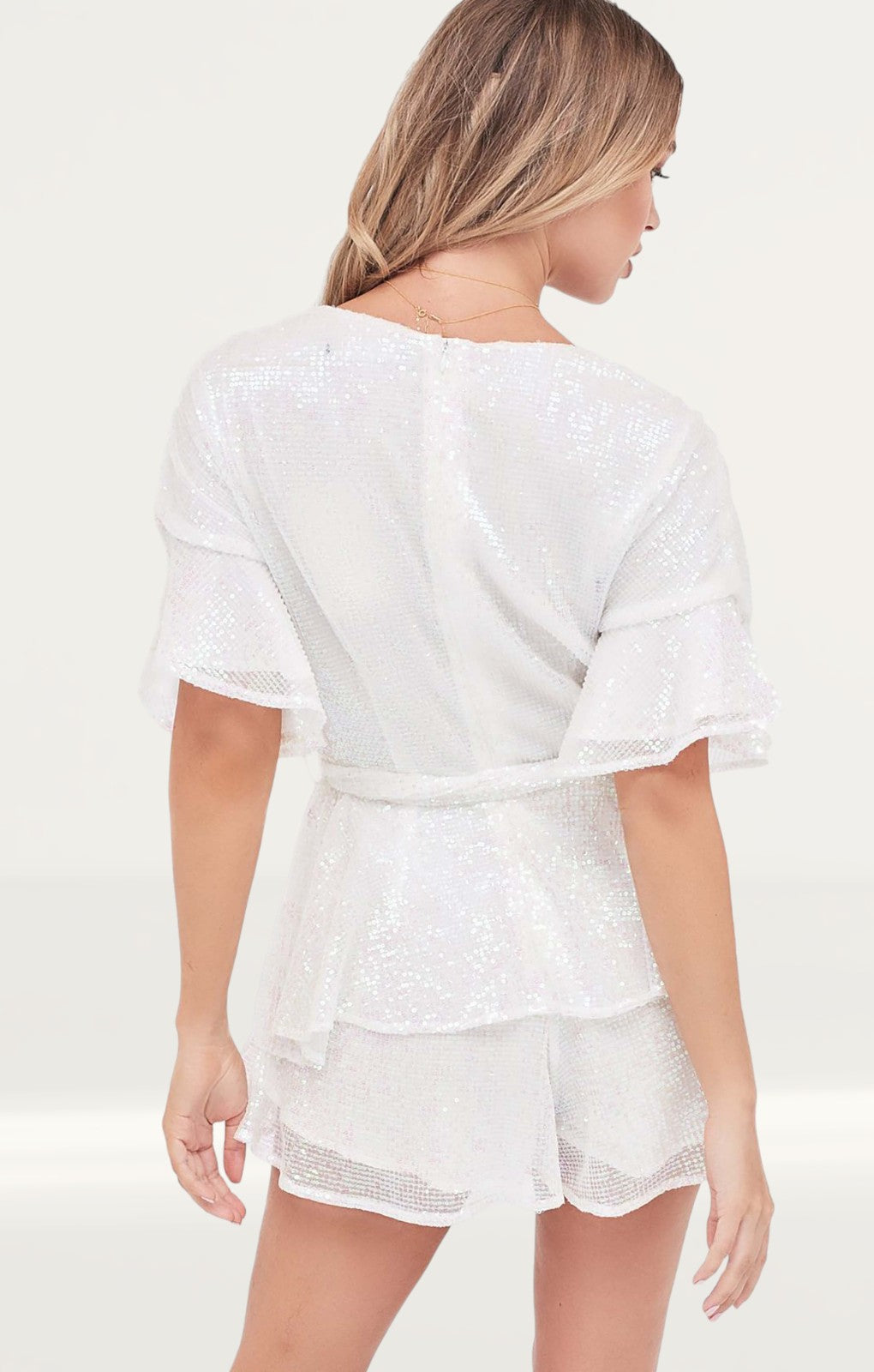 Lavish Alice Pleated Sequin Frill Double Tiered Playsuit In White Sequin