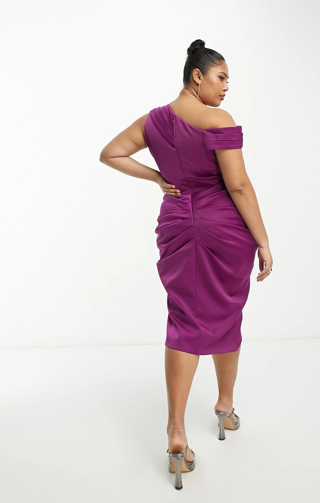 Lavish Alice Plus Off Shoulder Satin Side Ruched Mini Dress In Purple – dresses by Lavish Alice Plus, available to rent from Hirestreet