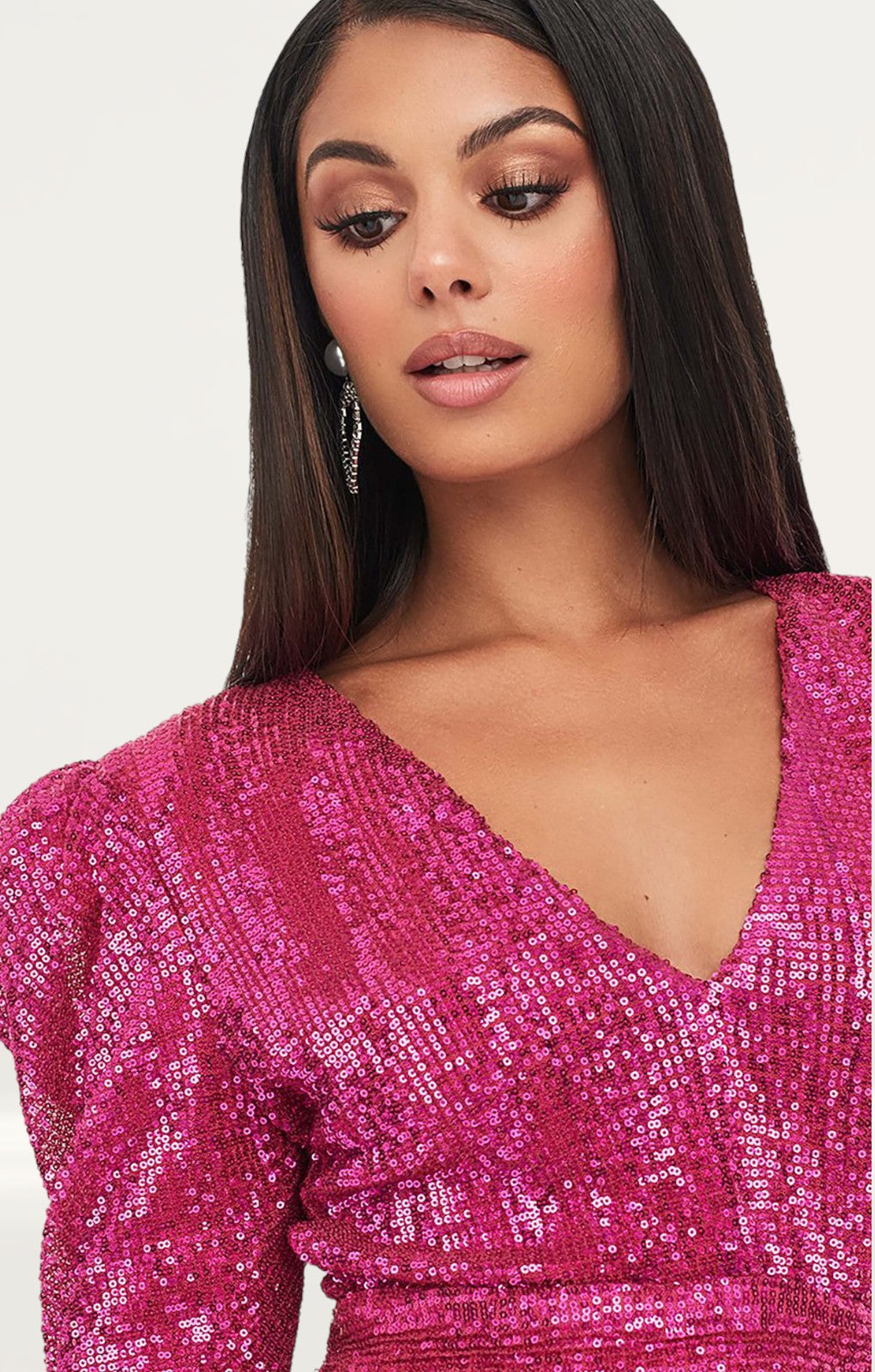 Lavish Alice Puff Shoulder Pleated Sequin Mini Dress In Pink